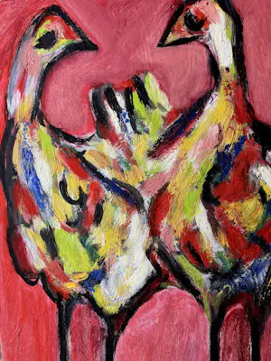 Tarek Fouad Kamel - Modern schilderij met kippen. kopen? Bied vanaf 25!