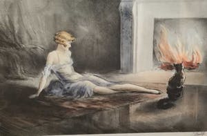 Alfred Renaudin - C3914-2, Vrouw met poes bij de haard kopen? Bied vanaf 30!