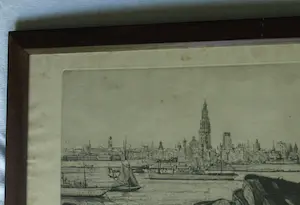 Toon Pluymers - Ingelijste ets , Gezicht op Antwerpen – Lijst, 56 x 71 cm. kopen? Bied vanaf 1!