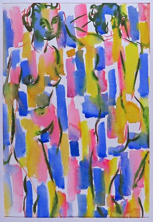Piet van Mook - Aquarel, Figuren met Geel, Blauw en Rood kopen? Bied vanaf 30!