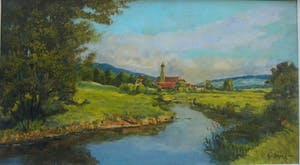 Gertrude Hutjens Koene - Heuvellandschap met beek. kopen? Bied vanaf 49!