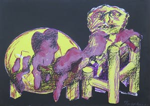 Jan Sierhuis - Kleurenlitho, figuur aan tafel, handgesigneerd, 1973 kopen? Bied vanaf 1!