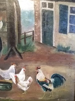 Niet of onleesbaar gesigneerd - Naïeve kunststroming - Kippen op het erf - 1924 kopen? Bied vanaf 1!
