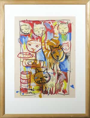George Heidweiller - Gemengde techniek op papier, Cat - Ingelijst verkocht voor € 70!