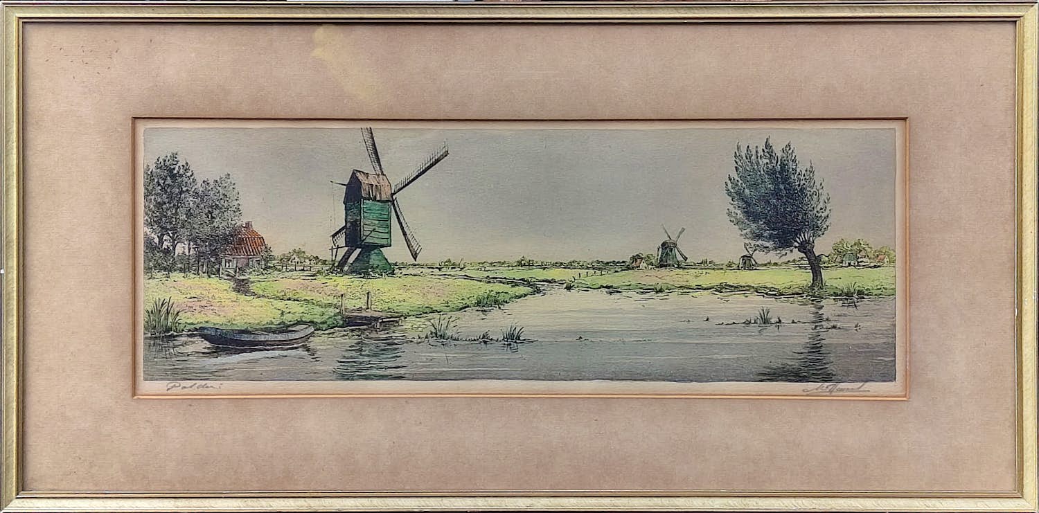 Antoon Hemert - ets / aquarel - "Polder" - ingelijst achter glas - 26010 kopen? Bied vanaf 40!
