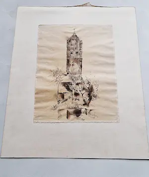 Germ de Jong - originele 1944 houskooltekening op papier "Kerktoren" gesigneerd kopen? Bied vanaf 35!