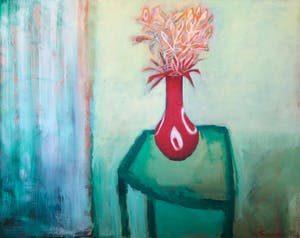 Marieke Thomassen - Acryl op doek, Lentevaas met groene tafel (Zeer groot) kopen? Bied vanaf 100!