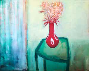 Marieke Thomassen - Acryl op doek, Lentevaas met groene tafel (Zeer groot) verkocht voor € 100!