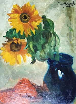 Piet van Wijngaerdt - zonnebloemen, olie op doek, gesigneerd en verso verkocht voor € 395!