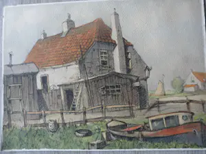 Louis Leclercq - 2 tekeningen/Aquarel. Huisje aan de Rotte kopen? Bied vanaf 40!