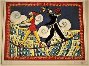 Jacques Tange - populair Rotterdams graficus - gesigneerde Zeefdruk - a very short romance - verkocht voor € 40!