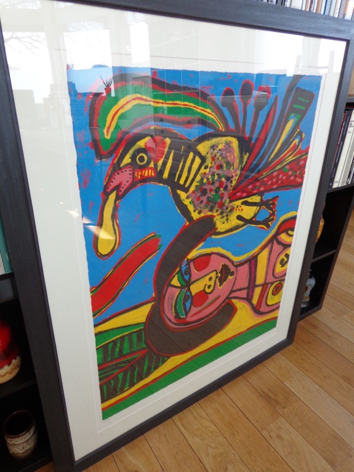 Corneille - KLEURRIJKE VOGEL / KLEURZEEFDRUK / 132x112cm / KADER / SIG kopen? Bied vanaf 520!