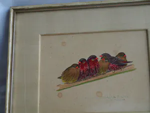 Niet of onleesbaar gesigneerd - Ingelijst, Gouache , 6 Vogeltjes op een tak - Oud kopen? Bied vanaf 1!