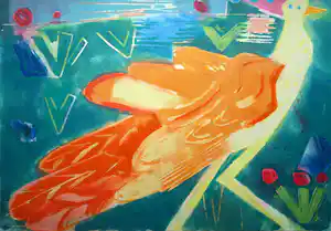 Xandra Donders - Gemengde techniek , Pauw 1 - 68½ x 100 cm. vendu pour 50€ !