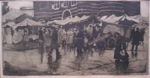Cees Bolding - Ets Nieuwmarkt Amsterdam 1929- Oplage 89/100.Prachtige, scherpe ets. kopen? Bied vanaf 150!