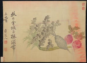 Niet of onleesbaar gesigneerd - Waterverf op zijde, Lot van twee penseeltekeningen kopen? Bied vanaf 1!