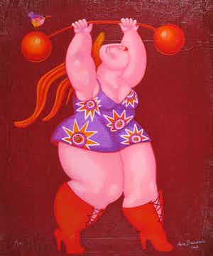 Ada Breedveld - Zeefdruk op geschept papier, Gewichtheffer verkocht voor € 50!