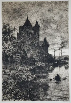 Anton L. Koster - Amsterdamse Poort te Haarlem - mooi ingelijste ets kopen? Bied vanaf 30!