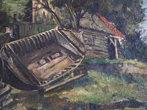 Frans Hoos - Landschap met schuur en praam kopen? Bied vanaf 50!