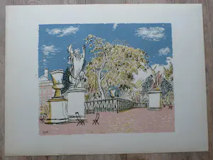 Charles Eyck - Kleurenlitho: Park met standbeelden kopen? Bied vanaf 25!