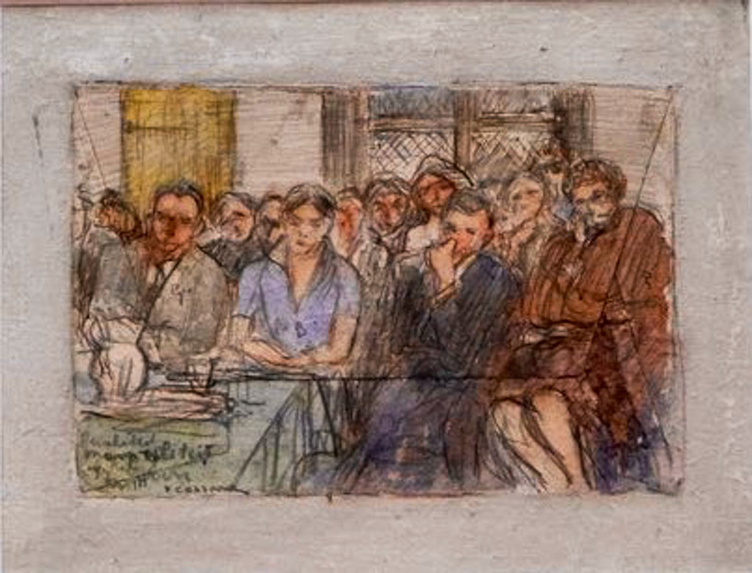 Ko Cossaar - "Figuren in een rechtszaal" - Gemengde techniek verkocht voor € 99!