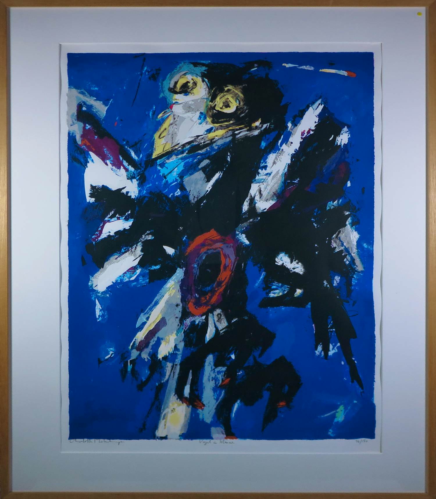 Charlotte Molenkamp - Zeefdruk, Vogel in blauw - Ingelijst verkocht voor € 60!
