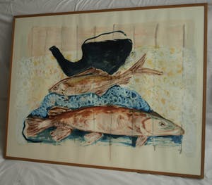 Nicola Rozemeijer - Acrylverf op papier , Vissen op ijs – GROOT - ingelijst - 1997 kopen? Bied vanaf 1!