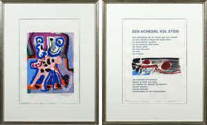 Corneille - en Bert Schierbeek - Zeefdruk en passage uit Een schedel vol stem - Ingelijst verkocht voor € 100!