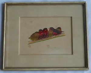 Niet of onleesbaar gesigneerd - Ingelijst, Gouache , 6 Vogeltjes op een tak - Oud kopen? Bied vanaf 1!
