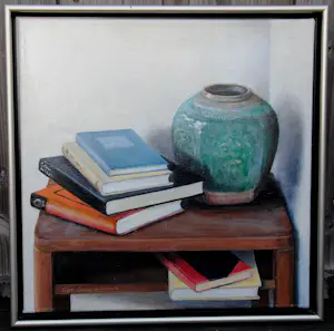 Dori Schoonderwoerd - Ingelijste olieverf op doek: Stilleven met gemberpot en boeken op tafel kopen? Bied vanaf 499!