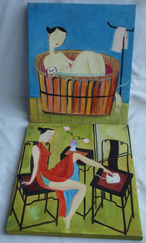 Niet of onleesbaar gesigneerd - 2x Acrylverf op doek, “Japanse (?) vrouw met hond en kat” kopen? Bied vanaf 1!