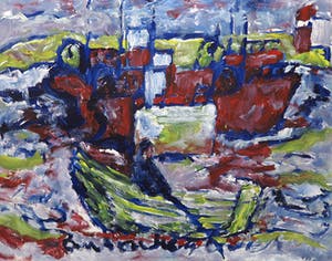 Anton Heyboer - Acryl op doek, Roeibootje in de haven - Ingelijst (Zeer groot) kopen? Bied vanaf 1000!