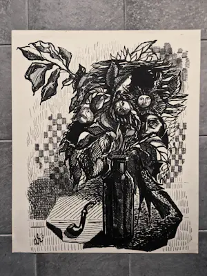 AcheterDick Elffers - Bijzondere 1953 zwarte stift tekening "stilleven met zelfportret" gesigneerd? Enchérissez de 40!