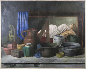 A. Brouwer - Olieverf op doek, Stilleven met schilderij en aardewerk - Ingelijst kopen? Bied vanaf 1!