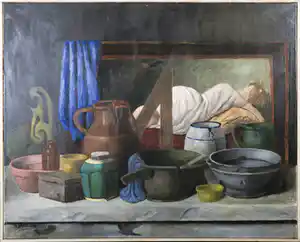 A. Brouwer - Olieverf op doek, Stilleven met schilderij en aardewerk - Ingelijst verkocht voor € 1!