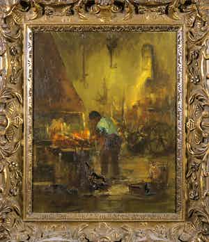 Niet of onleesbaar gesigneerd - Olieverf op doek, Werkplaats - Ingelijst verkocht voor € 1!