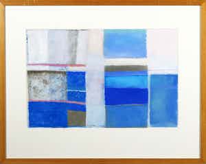 Milou Honig - Gouache, Geometrisch-abstracte compositie in blauw, wit en roze - Ingelijst verkocht voor € 35!