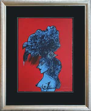 Corneille - "Femme, chat et oiseau" - Groot - Imposant ingelijst (nieuw) verkocht voor € 690!