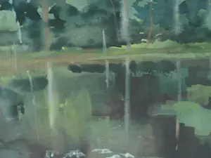 Niet of onleesbaar gesigneerd - Gesigneerde aquarel , Bosgezicht aan het water – Ingelijst , 59 x 74 cm. kopen? Bied vanaf 10!