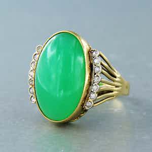 14k gouden ring bezet met chrysopaas en bolsjewiek geslepen diamant 0.20ct verkocht voor € 400!