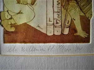 Willemien Holterman - Handgekleurde ets "de Boekenwurm" / oplage 100 / potloodgesigneerd kopen? Bied vanaf 23!