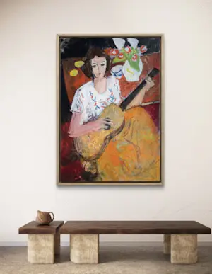 Rene Mels - Frau mit Gitarre – Großes und wunderschönes ausdrucksstarkes Gemälde kopen? Bied vanaf 800!