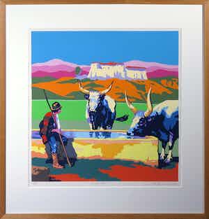 Marco Kooiman - Zeefdruk, Drinking oxen - Ingelijst verkocht voor € 40!
