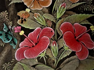 Niet of onleesbaar gesigneerd - Kleurrijk Aquarel Indonesië "Javaanse IJsvogel, Vlinders en Bloemen" gesigneerd kopen? Bied vanaf 10!