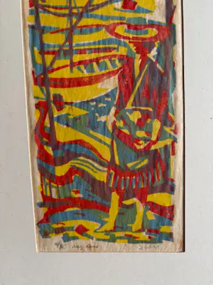 Geert Geerligs - linosnede met kleurrijk havengezicht met personen bij kade kopen? Bied vanaf 35!