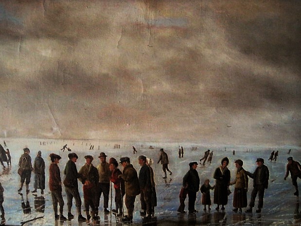 Niet of onleesbaar gesigneerd - GROOT "panorma" olieverf "Schaatspret" gesigneerd verkocht voor € 1!