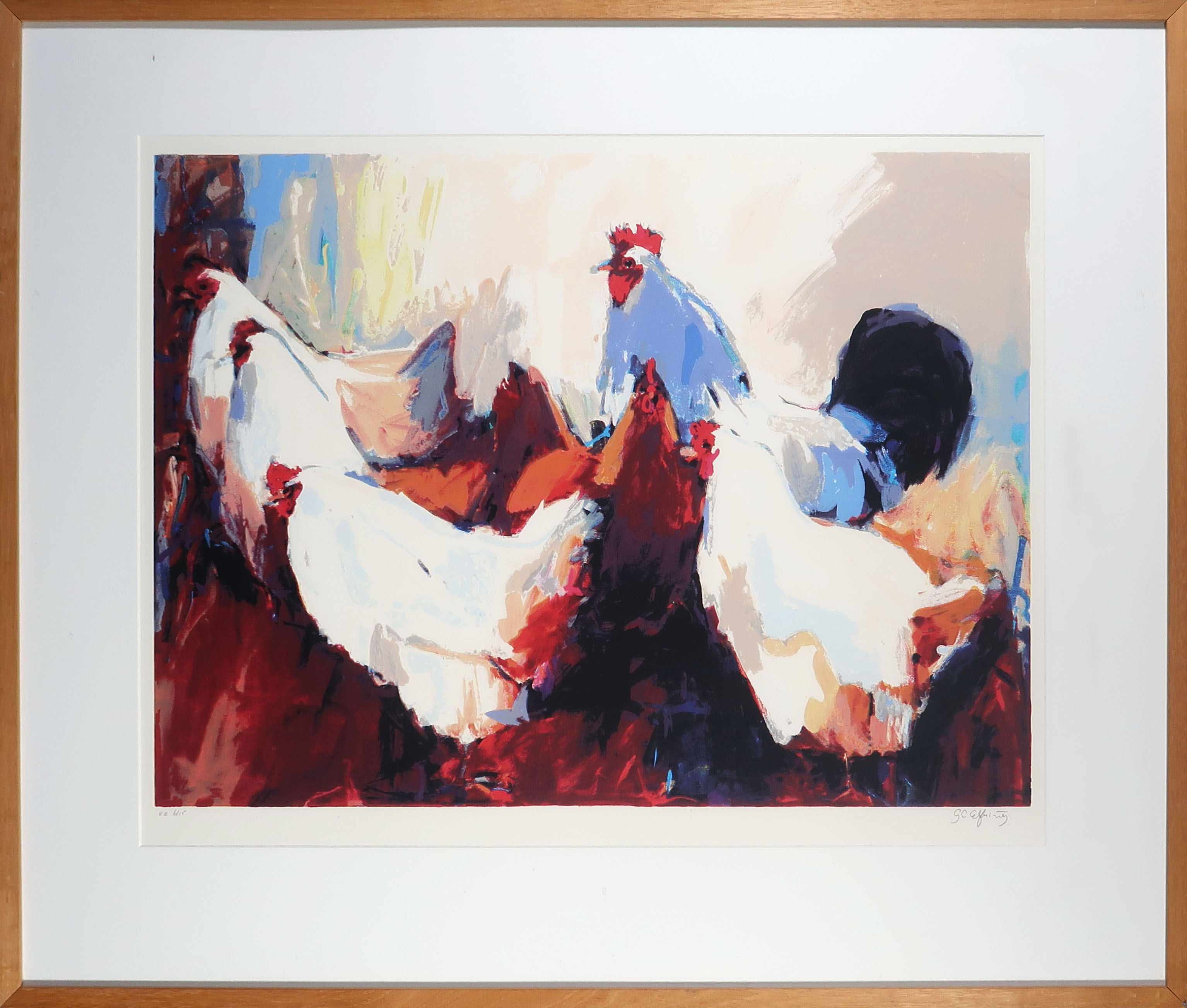 Gerda Elfring - Zeefdruk, Kippen - Ingelijst verkocht voor € 40!