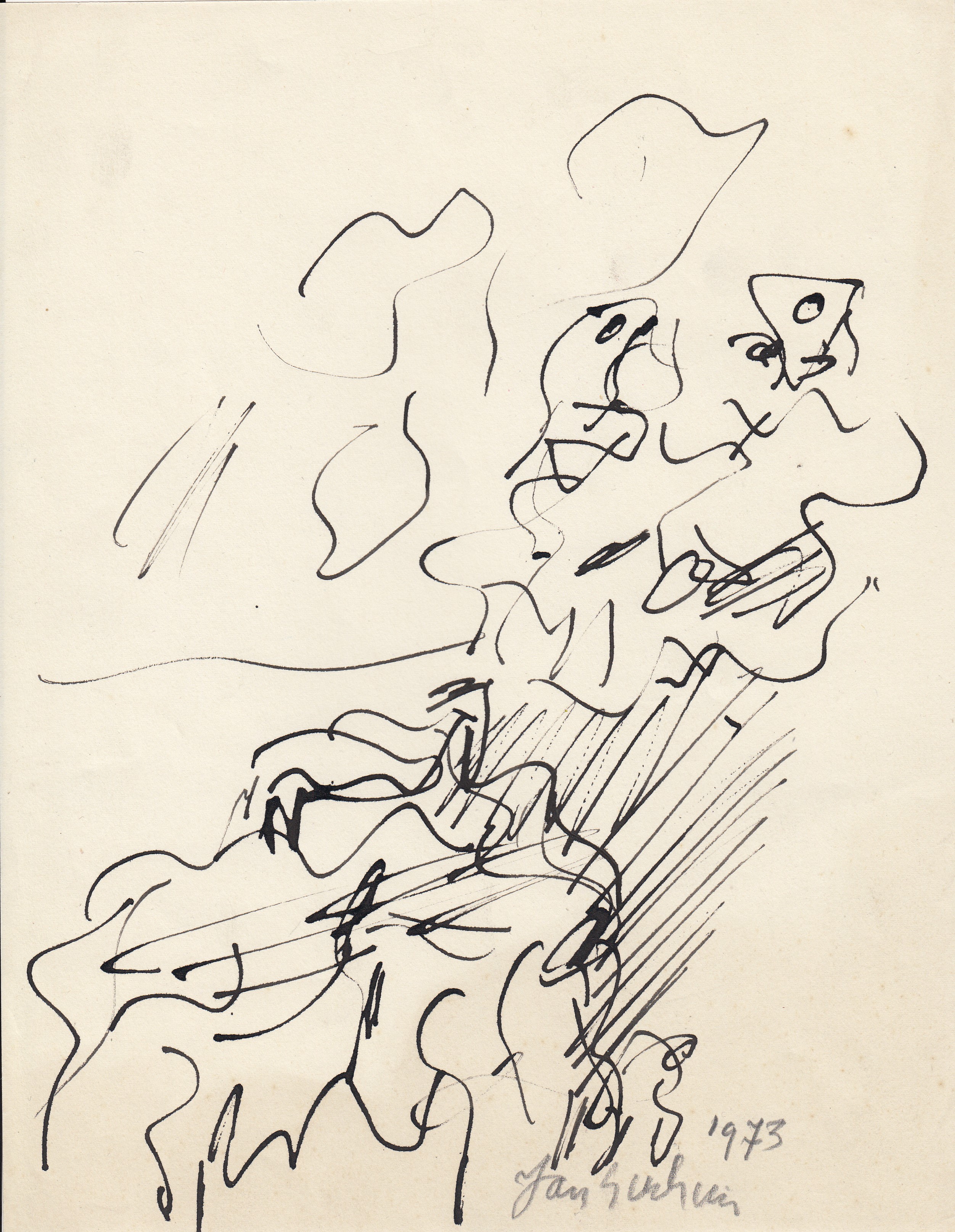 Jan Sierhuis - Inkt op papier - Kompositie met figuren 1973 verkocht voor € 1!