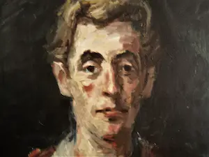 Niet of onleesbaar gesigneerd - GROOT impressionistisch olieverf "Man in rode trui" gesigneerd kopen? Bied vanaf 1!