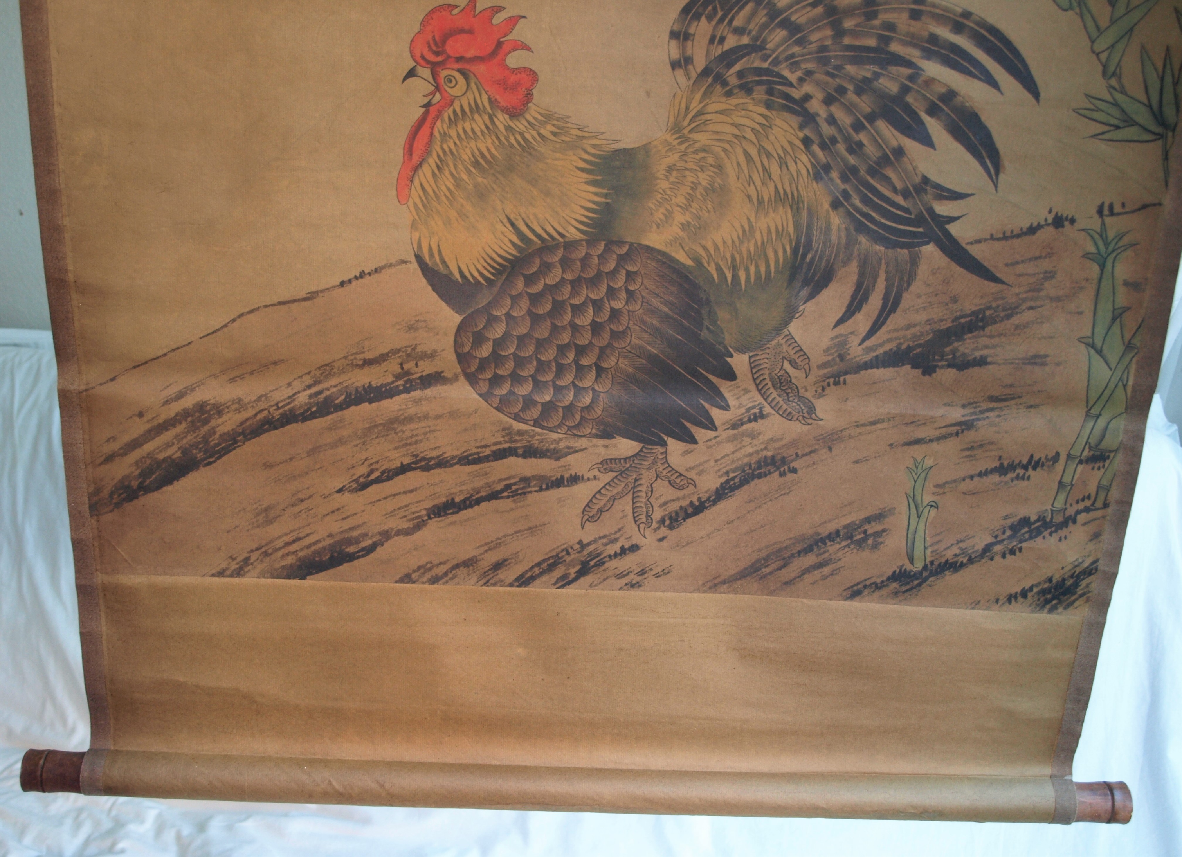 Niet of onleesbaar gesigneerd - Haan en Bloesem - Aquarelverf en inkt op papier, opgerold op houten stok kopen? Bied vanaf 1!